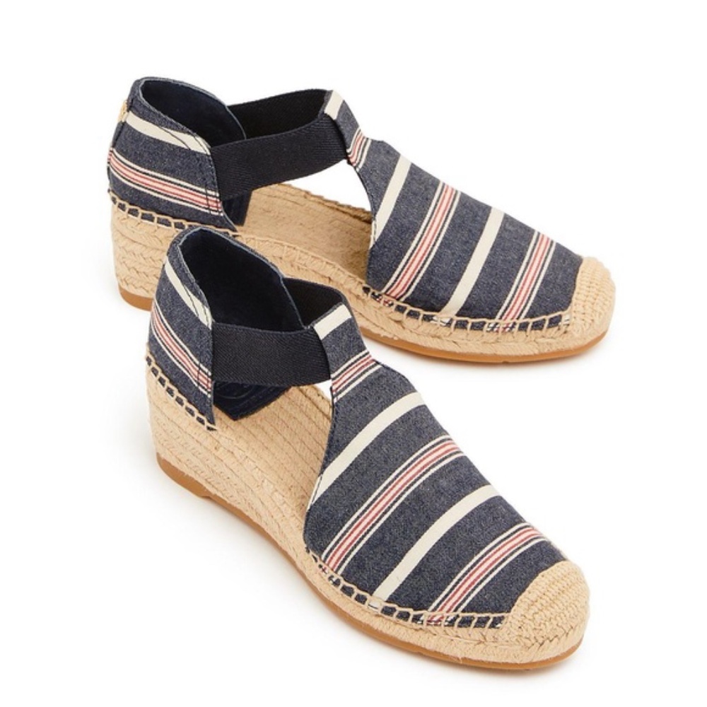 Tory Burch Navy Stripe Espadrille Wedge Sandals